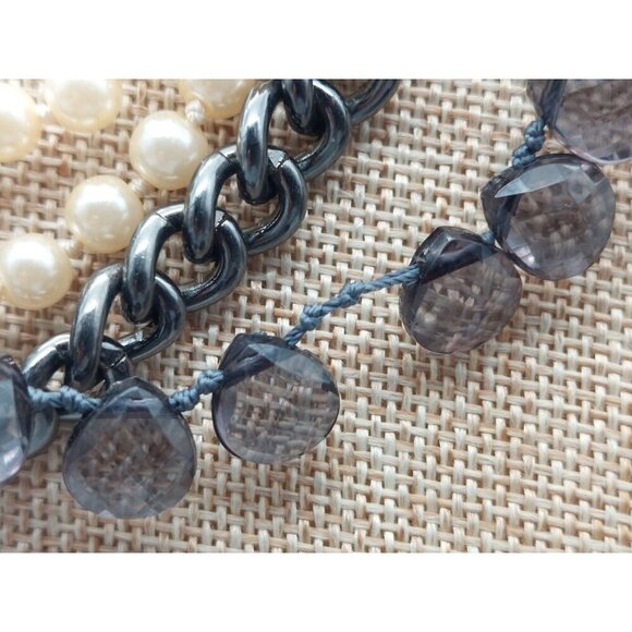 J.Crew Multi Strand Gun Metal & Faux Pearl Collar Necklace 20" Smokey Gray Beads - Picture 5 of 7